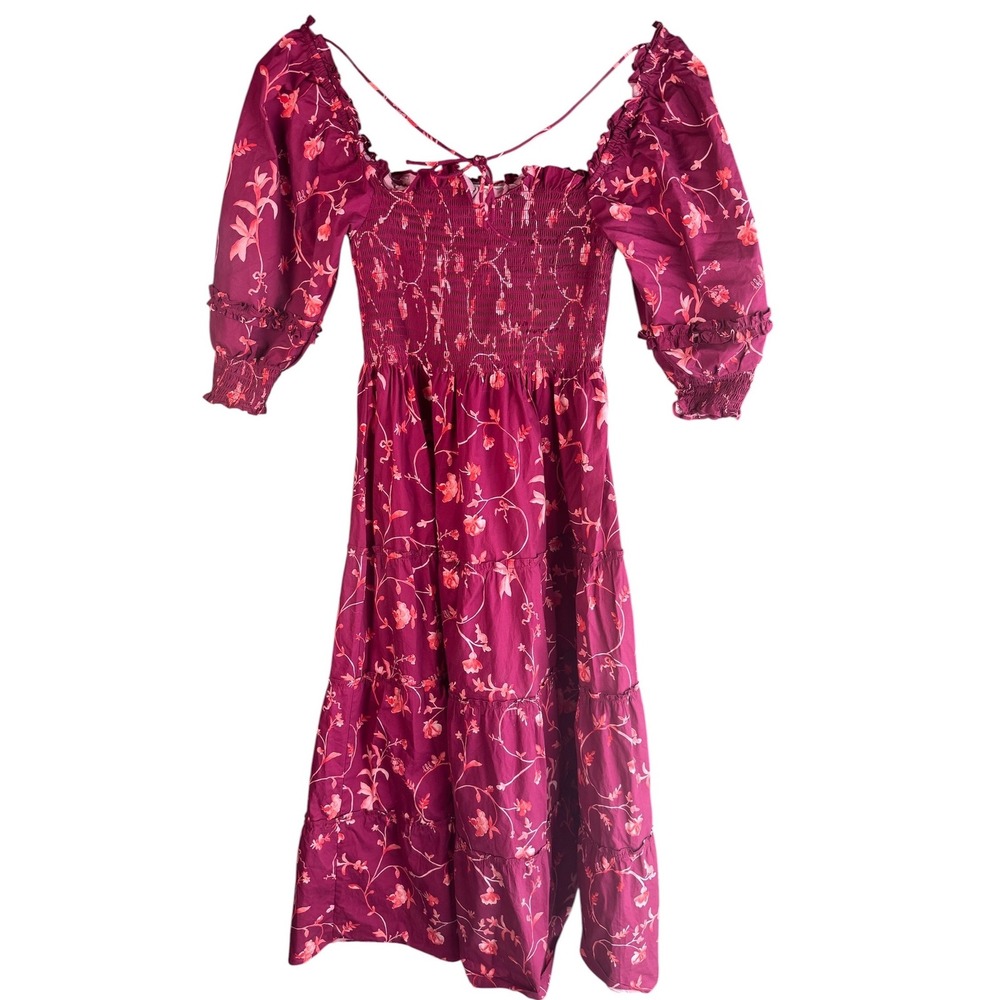 Hill House Nesli Nap Dress Women XS Burgundy Botanical Smocked Midi Cottagecore